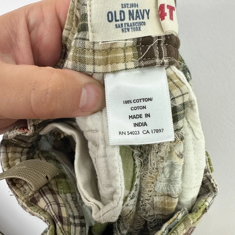 Old‎ Navy Cargo Shorts Toddler Boys 4T Green Patchwork Plaid Tropical Pineapple